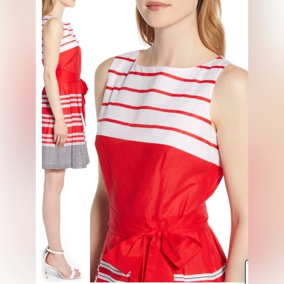 Anne Klein red black white colorblock belted fit & flare sleeveless dress size 2 - Picture 3 of 16